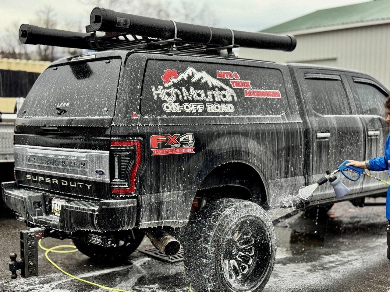 Ford Super Duty truck foam wash in progress